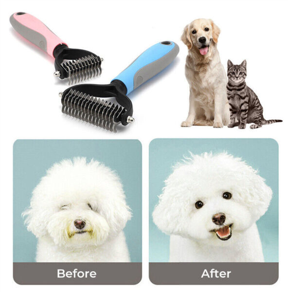 Grooming Brush For Pet Dog Cat Deshedding Tool Rake Comb Fur Remover Reduce 2-Side Dematting Tool For Dogs Cats Pets Grooming Brush Double Sided Shedding And Dematting Undercoat Rake Hair Removal Comb - Image 4